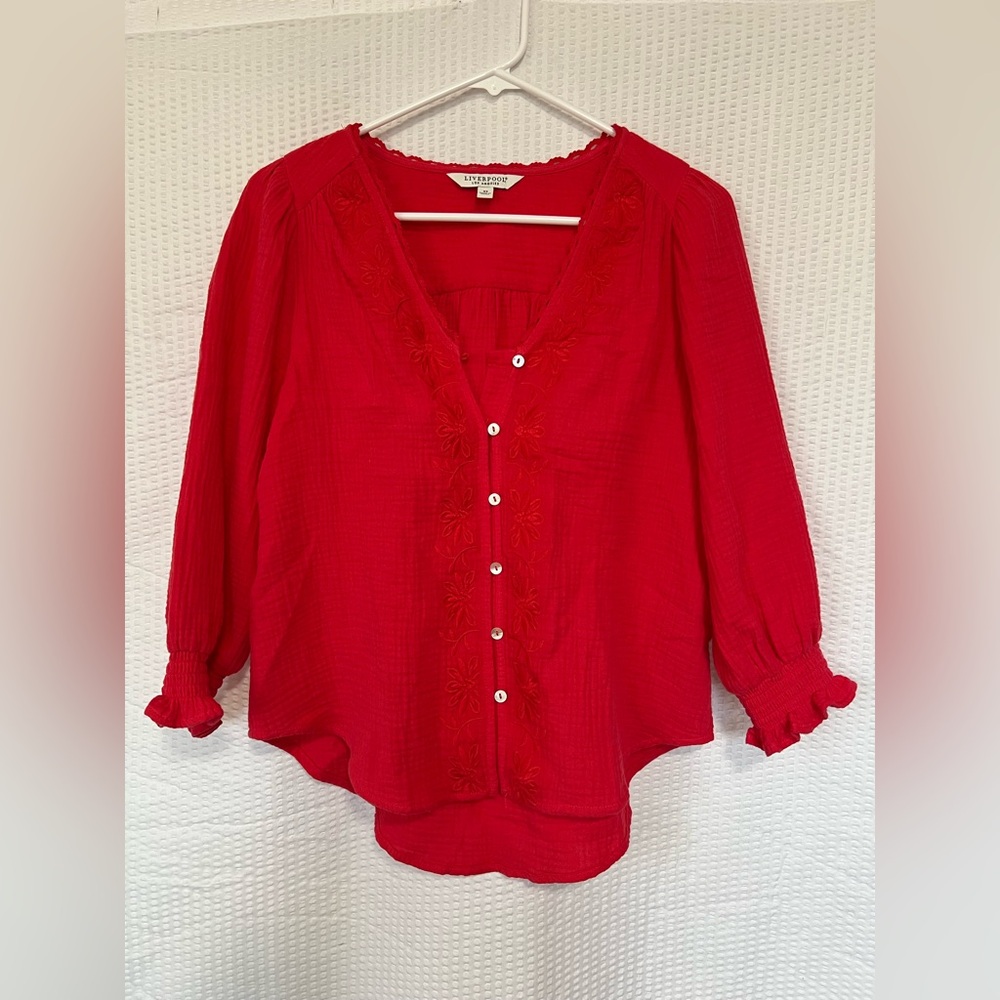 Liverpool Los Angeles Women’s Red Embroidered Cotton Blouse